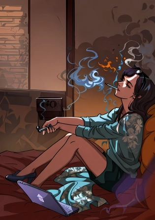 there is a woman sitting on a bed with a laptop, smoking woman, dramatic smoking pose, relaxing concept art, style of charlie bowater, in style of cyril rolando, by Cyril Rolando, taking a smoke break, smoking weed, charlie bowater art style, smoke coming out of her mouth, inspired by Cyril Rolando, realistic smoke, concept art. smoke