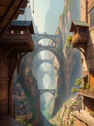 ((masterpiece)), ((best quality)), ((high detial)), ((realistic, ))Industrial age city, deep canyons in the middle, architectural streets, bazaars, Bridges, rainy days, steampunk, European architecture