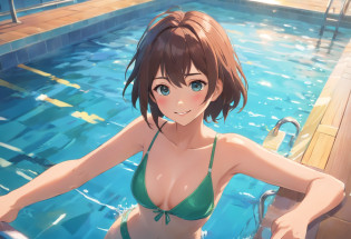 (best quality,highres,ultra-detailed),1 girl, beautiful detailed eyes, beautiful detailed lips, smile, sexy, swimmer [swimming suit], swimming pool