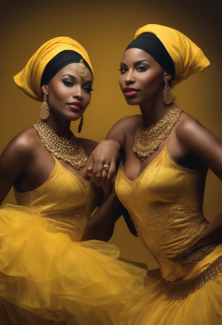 oil painting depicting African dancers, ((sorridente)), ((Curvy)), ((Seio grande)), ((olhar sedutor)), (((rostos bonitos))), ((quadris grandes)), ((coxas grossas)), ((Modelos bonitos)), ((clivagem)), ((cintura fina)), ((flat stomach)), ((barriga lisa)), gold jewelry around neck and wrists, detailed face expression, detailed hands, dinamic poses, Pose elegante, ((( middle dancer wearing black headgear and yellow clothing))), other dancers wearing light blue headgear, ((roupas transparentes)), ((roupas transparentes)), ((teto perfurante)), bare feet, cortinas de fluxo curto, guache, cantoria, Feliz, palmeiras no fundo, tiro grande angular, no estilo de El-Dragg criar imagem realista com roupas normais e sem adornos