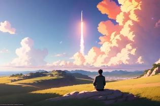 a highly detailed matte painting of a man on a hill watching a rocket launch in the distance by studio ghibli, makoto shinkai, by artgerm, by wlop, by greg rutkowski, volumetric lighting, octane render, 4 k resolution, trending on artstation, masterpiece