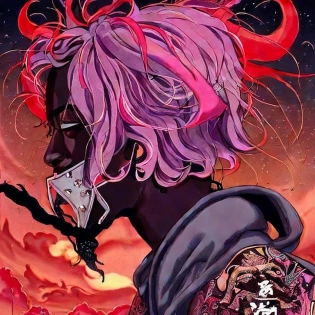 lil uzi vert, new key visual, album cover art, in the style of knudsen, demon, red smoke smoke, horns, japanese art syle, manga cover art, anime art style