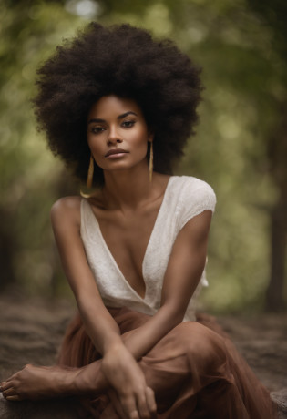 There is a woman with very big afro hair posing for a photo, a digital rendering by Juan O'Gorman, Gagnant du concours Shutterstock, Afrofuturisme, afro, cheveux afro, with textured hair and skin, avec afro, peau brun clair, peau brune. light makeup, M�tis woman, peau brune, diffuse natural radiance of the skin, peau brune, Realstic