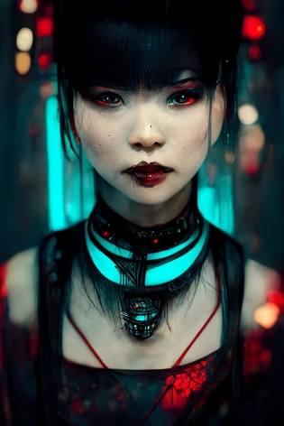 asian goth in shinjuku, dark dress, cyberpunk, fashion, biomech, red and turquoise lights, black-red-turquoise-lips, conceptart, highlights, symmetrical, portrait, pretty face, octane, unreal, realism --ar 2:3
