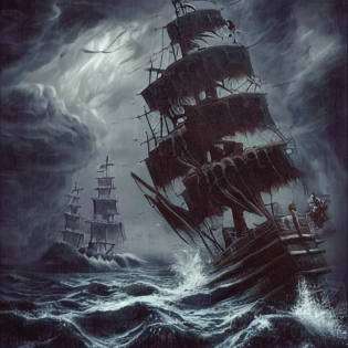 a pirate detailed ship is sailing into the unknown in the dangerous ocean, a storm, Lovecraft, horror, horror lighting, highly detailed, cinematic, extremely detailed, monsters, mystery, H. P. Lovecraft, Cthulhu, ship in center
