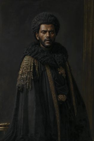 oil painting portrait of Abel Tesfaye  <lora:TheWeeknd:1>, (emperor:1.2), gray afro hair, black and gold robe, throne, (dark background:1.1)