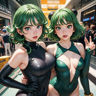 there is a woman with green hair posing in a black bodysuit, tatsumaki from one punch man, tatsumaki, publicity cosplay, elegant glamourous cosplay, cosplay, glamourous cosplay, bulma from dragon ball, full body photoshoot, tumblr, full body!, villainess, amouranth as a super villain, full-cosplay, professional cosplay, anime cosplay