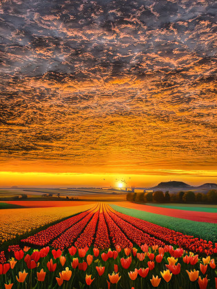 Allafed tulip field?The background is sunset, Inspired by Phil Koch, author?Phil Koch, vibrant sunrise, at sunrise in springtime, beautiful sunrise, floral sunset, breathtaking landscape, epic sunrise, heavenly landscape, breathtaking shot, golden rays, Early morning sunrise, the brilliant dawn on the meadow, sunset warm spring, Amazing landscape, golden morning light