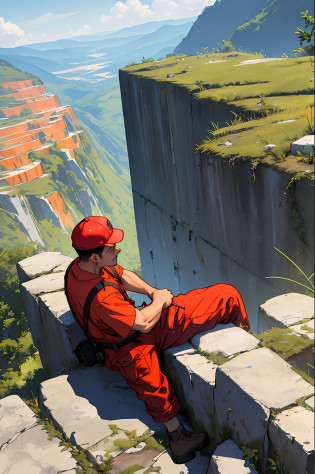 Draw a middle-aged worker?Wearing a red overalls?Sit on a high slope of loess?He was holding a wrench?The young man looks confident and determined?Look at the vast and mysterious universe with amazement and respect?wide wide shot?1.8G Nikon