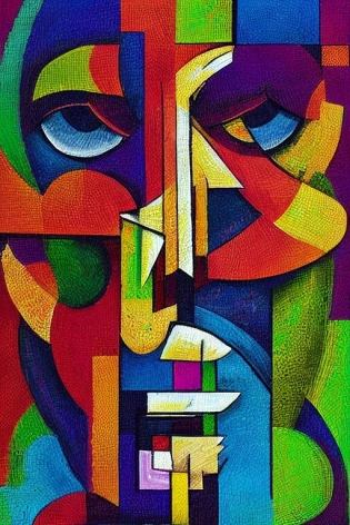 an abstract painting of a face showing elements of pixel art, sacred geometry, mossy raised lettering, modern cubism, biomechanics, artistic composition, sharp focus, intricate concept art, digital painting, colorful flat surreal design
