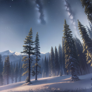 Masterpiece landscape, concept art, from below:0.4, distant mountains foreground cover with small pine forest:0.3,  (distant ocean), (((undefined clear night sky))), (Onibi), (wide shot), high contrast between distant pine forest and dark sky, wide shot,