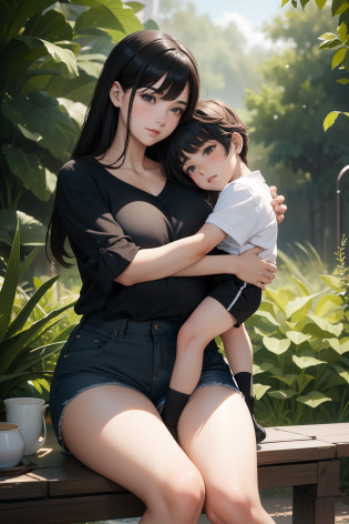 A young boy with overall sitting on his mom's lap, outdoor, the mom wears black shorts, the mom has big medium thighs, shiny skin, illustrations or oil painting style, ultra-detailed, realistic, vibrant colors, natural lighting