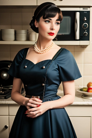 Professional Full Body Photo, Full Shot, of gothic woman(beautiful 1950s housewife), (wearing vintage 1950s polkadot blue a-line dress), (aroused:1. 5), standing, (in kitchen of 1950s American house), pinup, small breasts, perfect hands, (detailed facial features), (detailed skin, supple skin pores), long black hair with bangs in ponytail, large pearl necklace, (portrait), [smoke], [haze], natural lighting, shallow depth of field, photographed on a Canon EOS-1D X Mark III, 50mm lens, F/2. 8, (intricately detailed, hyperdetailed), ((RAW color)), sharp focus, HDR, 4k resolution, Cinematic film still from Mad Men
