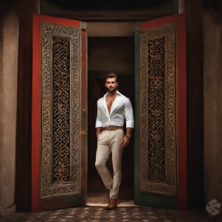Homem caucasiano, com cabelo loiro claro, olhos claros e forte. Sem blusa, somente com uma toalha de banho na cintura, Standing in the door. In the scenario he must be standing in the doorway. Em uma porta de luxo.