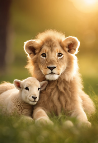 (ultra-detailed, highres:1.2), realistic, detailed fur, adorable lamb, playful lion, lush green grass, peaceful meadow, gentle sunlight, warm color palette, joyful interaction, cute and innocent, harmonious scene, animal friendship