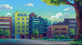 with blue sky and white clouds?A painting with trees and buildings, town background, residential area, view over city, one-point perspective, one-point perspective, random background scene, one-point perspective, Perfect quality?China-style?Clear focus?Low saturation?freshen?ultra-low perspective?wide wide shot?arte de fundo, town center background, random background scene, Street background, fundo de casa,