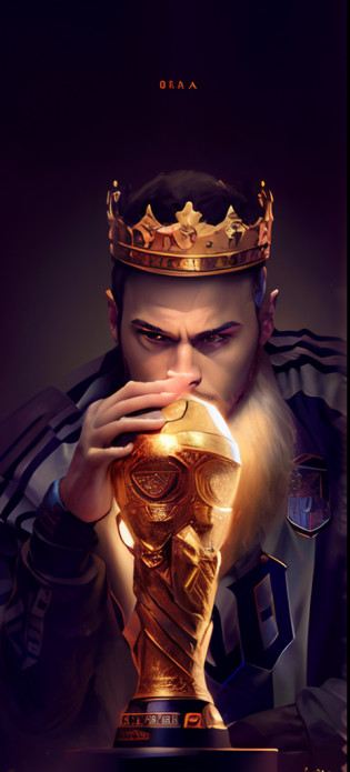 A closeup of a man holding a football trophy with a crown on his head, Retrato de Lionel Messi, o melhor de sempre, poser, Put the cyborg, Lionel Messi, homem com coroa, 8 k altamente detalhado ?? ? ? ? ?, Messi como um viking, neymar jr, Sede 8k, Wojtek FUS, official fan art, Retrato de um Rei