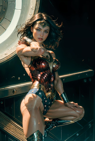 (Masterpiece, Top Quality),1girl ,{{Depth of field}}, Hyper detail, 1woman, (Victoria's Secret Model Wonder Woman), Single, Full Body, (Intricate Details, Makeup), (Delicate and beautiful delicate face, delicate and beautiful delicate eyes, face with perfect proportions), High-detail skin, delicate skin, Best proportions Four fingers and one thumb, strong and realistic blue eyes, realistic black hair, lips, makeup, natural skin texture, tiara, leotard, bulletproof cuffs, red boots,  (public clothing:1.3), slightly sunburned, mature, sexy, elastic muscles, (muscles:1.3), ((strong and healthy body)), (((((more) muscles))), wet body, wet hair, long legs, curved, thick thighs, wide buttocks, thin legs, (big breasts: 1.2), thin waist, soft waist, (delicate skin), (wet body: 1.0), (beautiful and sexy woman), (swollen lips: 0.9), (eyelashes: 1.2), very delicate muscle definition, LED panel lights arranged in a square shape to mimic existing indoor fixtures,  A dystopian ghetto controlled by local gangs armed with hacked police weapons such as EMP blasters and taser shotguns, ((top quality)), ((masterpiece)), ((realistic)), (detailed), cinematic lighting, complex, high detail, sharp focus,