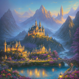 pintura de um castelo em uma paisagem de montanha com um lago, whimsical fantasy landscape art, magical landscape, pintura de paisagem de fantasia, scenery art detailed, scenery artwork, paisagem de arte de fantasia, dream scenery art, fantasy scenic, tomas kinkade, Kilian Eng e Thomas Kinkade, detailed scenery�width 672, paisagem de fantasia, Detailed dreamscape, fantasy painterly style