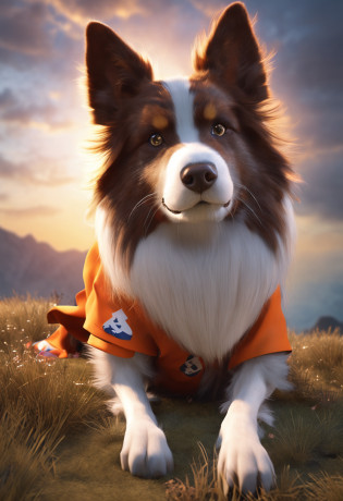 This generates an artistic image of a brown and white Border Collie wearing a realistic costume inspired by Goku from the Dragon Ball series.
