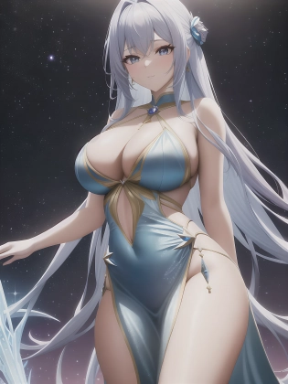 The ultimate space princess is a sight to behold, her flowing gown shimmers with ethereal hues of deep purple and silver, adorned with intricate lacework and embellished with sparkling gemstones. Her long hair cascades down her back in iridescent waves, framing a face that radiates pure beauty and grace. Created by hyper-realistic artist, Kazuhiro Tsuji, this artwork features a fusion of Baroque and Art Nouveau styles with meticulous attention to detail, resulting in a breathtaking masterpiece that leaves the viewer in awe.