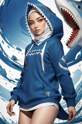best quality, intricate details, 1 malay girl in hijab, blue eyes, sharp eyes, blue highlights, sharp teeth, blue hoodie, shark teeth design, bare legs, gawr gura, shark girl, shark tail, shark print, blue hoodie, sharp teeth, animal hood, shark hijab ornament,
