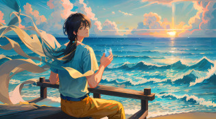 Unity8k wallpaper, masterpiece, best quality, 1 boy, handsome face, casual clothes, ocean background, sitting on the beach with clear eyes