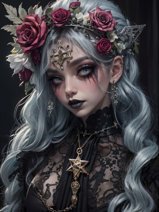 HighestQuali?tmasterpiece?1.2?Detailed details?1 Gothic girl?Black victorian dress?Gorgeous headdress?Bust?Rose flower?crosses?silver ornaments ?redheadwear?colorful hair with victorian updo hairstyle ?paleskin?Black lipstick and eye shadow?Accessories include the Cross Medal?Pentagram?crosses?cloaks?shawl?Sexy?chies?a lit candle, full body image