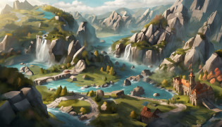 realistic, boardgame concept, concept art, diorama board game, isometric board game, Stelle dir vor, du betrittst das Spielbrett und findest dich mitten in einer zauberhaften Landschaft wieder. The mountains rise majestically, surrounded by dense forests, die von geheimnisvollen Pfaden durchzogen sind. In the distance you can hear the sound of a waterfall, which pours over rocky outcrops and feeds a clear river. When you enter the playing field, you choose your character, eine faszinierende Statue, which embodies the power and magic of this mystical world. Compete against your opponent and roll the dice with the two eight-sided dice, to wander across the grounds. Doch Vorsicht! The terrain is not always easy to overcome. The valleys require courage and skill, to cross them. The woods can make you get lost in their dense shadows, While you're trying, den richtigen Weg zu finden. The waterfalls and rivers could sweep you away in their raging currents, wenn du nicht vorsichtig bist. Dein Ziel ist es, to find the hidden treasures, die in diesem mystischen Tal verstreut sind. Sammle sie ein, um deinen Sieg zu erringen. Doch sei auf der Hut vor deinem Gegner, der dasselbe Ziel verfolgt! Immerse yourself in the beauty and challenges of 
