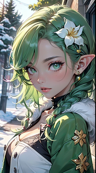 cute loli elf,(((little loli,tiny little body,little))),(((6 years old))),((anime elf loli with extremely cute and beautiful green hair)), (((elf))), (((elf ears))),

(((flat chest))),((((green hair:1.35,messy green hair,braided hair, dreadlocks hair,hair over eyes,colored inner hair,ear breathing)))),(((green eyes:1.3,upturned eyes:1.3,perfect eyes,beautiful detailed eyes,rainbow glows ultra-detailed green yellow eyes:1.1,gradient eyes:1,finely detailed beautiful eyes:1,symmetrical eyes:1,big highlight on eyes:1.2))),(((lustrous skin:1.5,bright skin: 1.5,skin tanned,shiny skin,very shiny skin,shiny body,plastic glitter skin,exaggerated shiny skin,Reflective skin))),(delicate detailed fingers,detailed body,detailed arms,human hands,(detailed face)),

cute,slutty,erotic,daring,(nsfw),

(((creepers on his body))),revealing clothing,show skin,(((Sexy green fur coat, green fur coat outfit, wearing a green fur coat:1.3,green winter coat))), ((green mini-skirt,green mini skirt with furry edge,visible thong straps)),(white gloves,green clothes,semi-naked,with little green clothing,((((furry edge clothing)))),(((leaves and flowers on her clothes,leaves on her clothes, flowers on her clothes,leaves and flowers on her hair))),(detailed outfit,detailed clothes),

(dynamic pose:1.0),solo focus,embarrassed,centered,scale to fit dimensions,Rule of thirds,

winter,snowstorm in background,(pine forest),detailed background:1.25,snow forest background,Christmas tree,

High resolution, sharp focus, (ultra detailed, extremely detailed), (photorealistic artwork:1.37), 8k wallpaper,((vibrant colors)),(intricate),masterpiece,(best quality),
