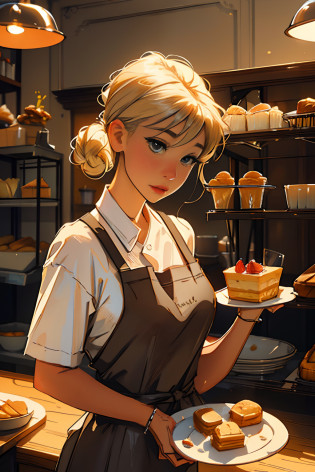 Girl with blonde hair, shop assistant, pastry shop assistant, pastry chef, aprons, plate in hand (high quality), (delicate face), very detailed, highest quality, professional lighting, It says 