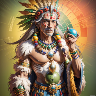 The image shows a shaman from an Amazon tribe, with all the characteristic adornments of the region. He's about 60 years old, with long, gray hair that falls over his shoulders. He has sun-tanned, slightly reddish brown skin, with a few wrinkles that denote his life experience. He has deep brown eyes and an expression of wisdom and serenity. He is wearing a headdress of colorful feathers, which symbolize his authority and his spiritual power. He has several necklaces and earrings of seeds, shells and teeth of animals, which represent his connection with nature and his protective spirits. He has face paintings of geometric shapes, made with jenipapo and annatto, which indicate his function as healer and mediator between the visible and the invisible world. In his hands, he holds a maraca, a musical instrument used in his rituals of healing and communication with spirits. On his chest, he carries a special necklace, made with a green stone, which is his source of ener, Expressionism, image fill, 8k, anatomically correct