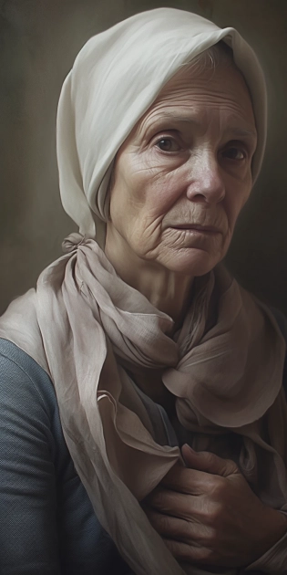 A painting titled portrait of an old woman with her head tied, in the style of anka zhuravleva, exquisite clothing detail, erik johansson, wrapped, flowing fabrics, romanesque, child - like innocence