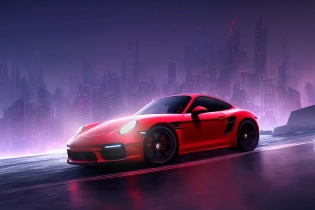 a Porsche sports car in motion (((at night))), high speed movie action scene, (((Need for Speed))), illegal racing game, ((cityscape in background)), ((detailed stunning environment)), (foggy), moody dark atmosphere, bright headlights, neon underground aesthetics, (scifi), cyberpunk, blade runner, cinematic, cover art, (low front angle), full view of a sports car, [[[wallpaper]]], intricate, highly detailed, digital painting, digital art, artstation, concept art, smooth, sharp focus, illustration, affinity photo, behance, art by artgerm and greg rutkowski and alphonse mucha, 4k, 8k