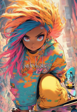 The most beautiful and sexy skateboard girl, rainbow colored hair, yellow eyes, wearing hoodie, graphic t-shirt, torn skinny jeans and highly detailed skateboard gear, tons of tattoos and piercings, highly detailed background, perfect masterpiece, high quality, high resolution