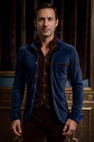 Portrait photo of a handsom man, (((45 year old:1.2))), short brown hair, (((Costume velours bleu:1.3))), black shirt, (((no beard:1.3))), Dark blue backgroud.