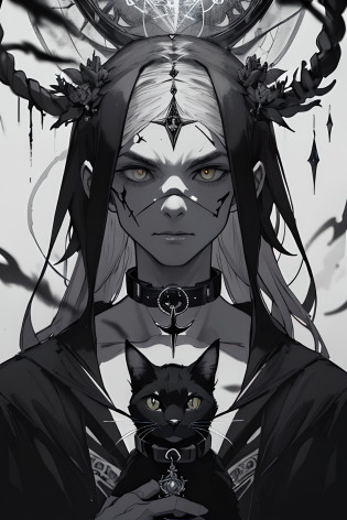 (((a black and white drawing of a black cat wearing an ornate collar with a gemstone))), occultist, occult art, ((((occult art)))), abstract occult epic composition, psychic power, black ethereal tendrils, smoke and haze, foreboding atmosphere, unnerving,  evil , witchcraft, highly detailed dark art, occult cyberpunk, occult details, mark riddick, occult inspired, occult, modern occultist, by Kristian Zahrtmann, monochrome drawing, shamanic horror lsd art