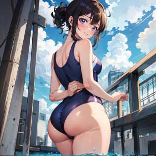 master-piece,hyper quality, hyper detailed,perfect drawing,solo, brilliant, beautiful, beautiful girl in swimsuit, round and cute ass, punipuni, meaty ass, ass sticking out pose, B99W66H110, height 140cm, chubby, plump, tanned skin, cheeky smile, swimming club, competitive swimsuit, One-piece type swimsuit, sober swimsuit, 18 years old, legs shoulder-width apart (30cm), embarrassed expression, blush, moist eyes, blue sky, school swimsuit, competitive swimming pool, taken from the back diagonally below, thin fabric swimsuit, forward light, sunlight, summer sky,