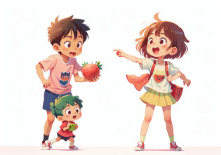 cartoon boy and girl eating watermelon clipart, material is!!! watermelon!!!, wearing a melon, hd illustration, boy and girl, watermelon, by Yamagata Hiro, watermelons, by Akihiko Yoshida, children illustration, cute artwork, various pose, fight with strawberries, by Kinichiro Ishikawa, by Kose Kanaoka