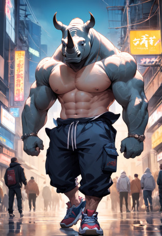 ((foto crua)), ((obra-prima)), Anthropomorphic humanoid rhinoceros wearing (((roupas de streetwear))), caminhando furiosamente entre as pessoas, detalhe intrincado, intricate Greebles pieces, city behind, corpo musculoso, (((large muscles))), muscular arms, (small head), Ogro monstruoso, Titan soft lighting, Hiper realista, soft-lighting, Ambiente sinistro