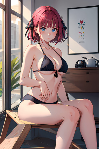 obra maestra, mejor calidad, highres, nn1, 1girl, cinta de pelo, pelo corto, 1girl, solo, Bikini, Muslos anchos, pechos grandes, en sala de estar, mirando al espectador,