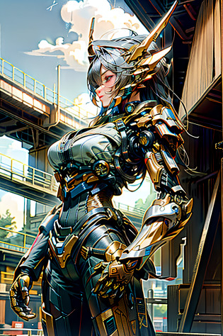 (Realistic: 1.2), (Realistic: 1.2), Masterpiece, Best Quality, Ultra Detailed, Very Detailed Illustration, Very Detailed, Intricate Detail, High Resolution, Super Intricate Detail, Very Detailed 8k CG Wallpaper, (Neon: 1.2), (Fiber Optic Body: 1.2), (Realistic Metallic Glow), Cowboy Lens, Caustics, Reflections, Ray Tracing, Devil Theme, Nebula, Dark Halo, Network Effects, (1 girl: 1.4), solo, alone, mecha wood sumui, mechanical parts, robot joints, single robotic arm, headdress, mechanical halo, star halo, complex mechanical tights, mecha corset, kimono, fully armored, very long hair, gray hair, hair between eyes, multicolored hair, colored inner hair, red eyes, glowing eyes, eye tracks, random expressions, random movements, ancient Japanese architecture, ponds, starry sky, skyline, ((sexy, big breasts, big breasts, huge tits, low cut))