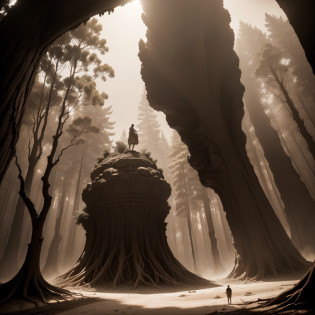 (extremadamente detallado, obra maestra, La mejor calidad, Tono sepia), un hombre con un hacha camina por un bosque. meteorito en el suelo, Giant crater. burned trees. Escultura barroca en ruinas. Daytime Lighting.
