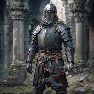 Numerous award-winning masterpieces, with incredible detail, textures and maximum detail, masterpiece, best quality, ultra-detailed, ((Agile warrior)), warrior of long military service, (short silver hair), have piercing blue eyes, (((A simple medieval knight's black helmet covering the entire head))), Cover the mouth with a face guard, (((Jet-black full-body metal armor))), He wears a helmet that covers his face, (Armor considerably damaged in battle), (((Medieval knight's armor))), ((Simple metal full-body armor with ornate decorations)), ((Armor scarred and worn from battle)), (((He has a large double-bladed battle axe))), sword sheath at his waist, dark brown leather boots, ((He has a large double-bladed battle-axe)), moss green cape over his shoulders, (blood-soaked gray skirt), ((((Ruins of an old castle)))), ((((Ruins of an ancient castle)))), (((Crumbling ruins))), (((Forgotten Ancient Ruins))), ancient battlefield,