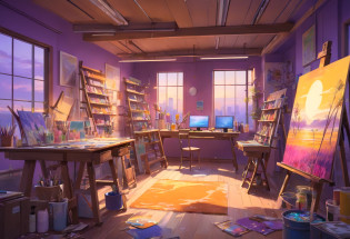 n an art studio,one artist is working in the back, her back is shown. Large art supplies are scattered around the room, creating a sense of creativity and messiness. The scene is immersed in a dark purple ambiance, which adds a mysterious and artistic atmosphere. The art supplies are vividly colored and have a variety of textures, including paintbrushes, paint tubes, canvases, and palettes. There are also unfinished artworks on easels, showing the artist's ongoing projects. The lighting is dim, illuminating only the artist's workspace, creating a focused and intimate environment. The overall image quality is of the best quality, with every detail and texture rendered in high resolution. The style of the artwork leans towards realism, capturing the intricacies of the art supplies and highlighting the artist's dedication and passion. The color palette is dominated by shades of purple, creating a dramatic and moody tone. The prompt focuses on capturing the artist's process and the atmosphere of the art studio, while emphasizing the importance of the art supplies and the artist's dedication.