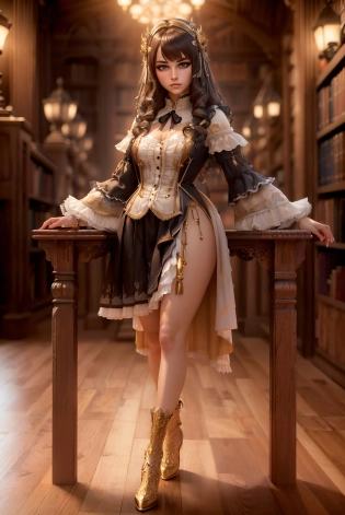 high-quality renaissance full-body portrait of a hyperdetailed girl in a quiet great realistic wooden library with a hyperrealistic book and oak wood table in front of her. casual clothing with unbuttoned sweater with golden and silver filigree, black skirt, ((barely clothed)), hyperdetailed dark hair, masterpiece, hyperdetailed full body, hyperdetailed feminine attractive face and nose, complete body view, (small breast) ((hyperdetailed muscle)) ((hyperdetailed eyes)), perfect body, perfect anatomy, ultra-realistic, 3d lighting, beauty, sensual feminine romance, professional, sensual feminine, perfect composition, unreal engine 8k octane, 3d lighting trending on artstation, front view, <lora:harajukuDolls_v10:1>, 8k, UHD, HDR, (Masterpiece:1. 5), (best quality:1. 5)Model: ReV Animated v1. 21