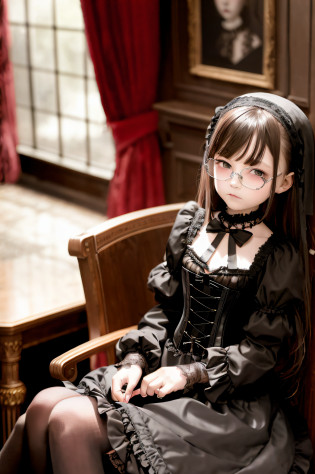 8-year-old female Gothic fashion, gothic fashion, lace and ruffles, bustle skirt, corset, gothic rock, D cup breast size, Boston-style glasses, brown hair, semi-long hair, chapel