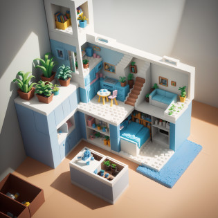 (Isometric perspective: 1.5), (Pixar style: 1.2), a lego set, a white and light blue dollhouse, 2 floors, voxel art, subtle pastel hues, plant, realistic and hyper-detailed renderings, soft shading , light clean background