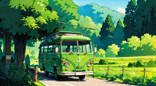 there is a green and white bus driving down the road, amazing wallpaper, kombi, high quality wallpaper, wallpaper mobile, high quality desktop wallpaper, bulli, hd wallpaper, iphone wallpaper, wallpaper 4k, wallpaper 4 k, rob rey and kentaro miura style, bussiere rutkowski andreas rocha, jen bartel