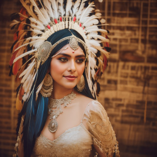 (Mrunalt) wearing a feather headdress and a feather mask, she is dressed in shaman clothes, elaborate costume, feathered headdress, headdress, ornate headdress, centered headdress, native american, aztec princess portrait, beautiful costume, indian warrior, native american warrior, american indian headdress, : native american shamen fantasy, wearing crown of bright feathers